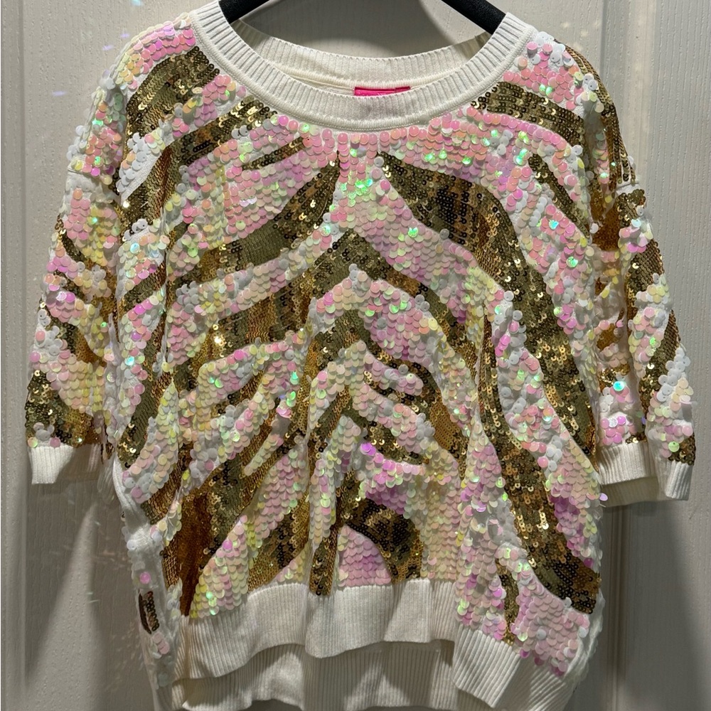 QUEEN OF SPARKLES Gold and Pink Sequin Sweater